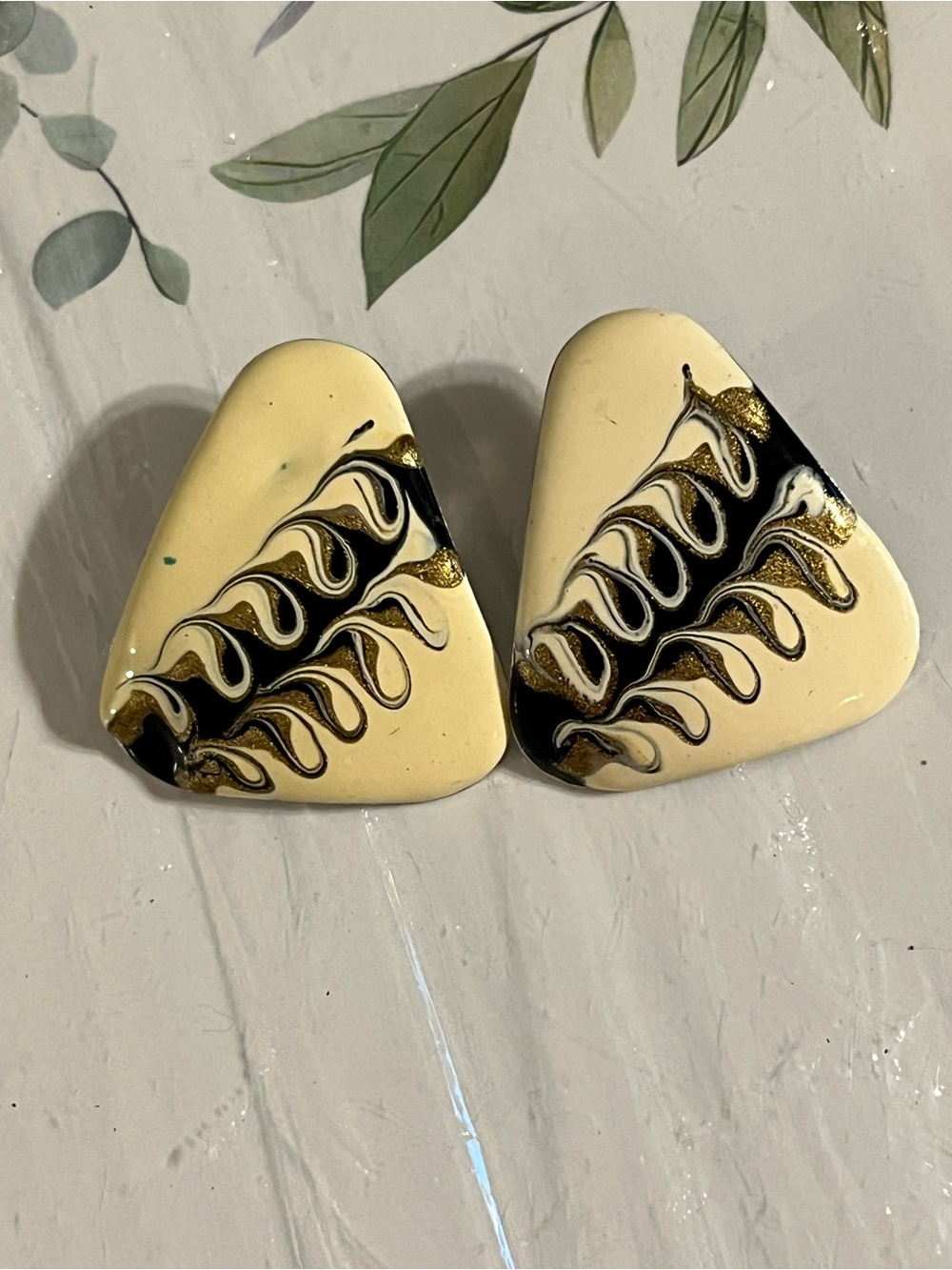 Cream and Black Abstract Resin Earrings with Gold Accents